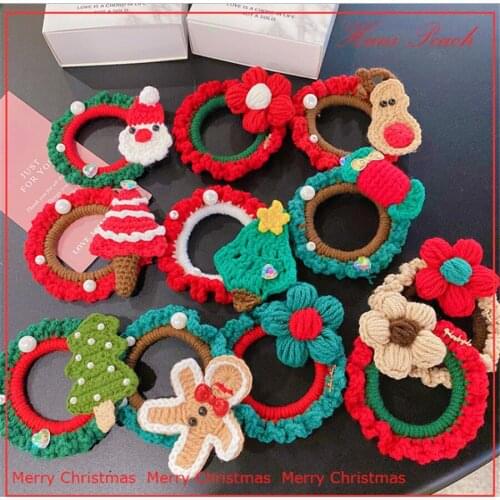 Handmade Cute Christmas Cartoon Knitted Snowman Tree Flower Hair Circle HairRope D546