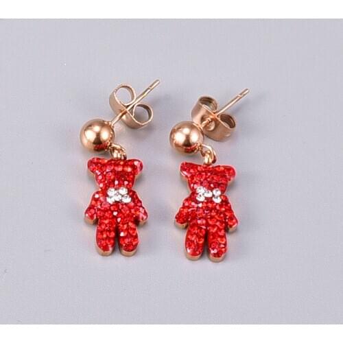 Red rhinestone bear dangling earrings for women stainless steel rose gold colorcute kawaii earring for kids teen girls y2k