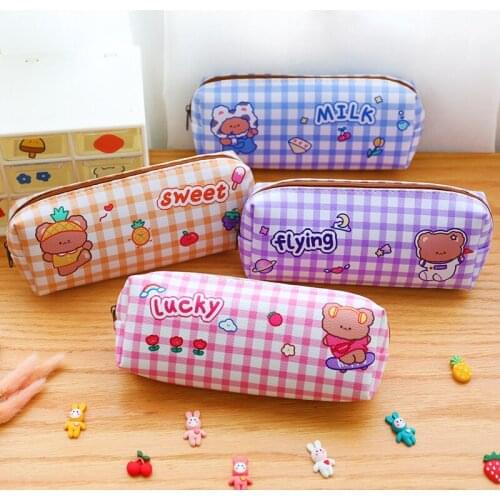 Lattice Pencil Case Kawaii Bear Cartoon Pencail Bags Large-Capacity Waterproof Storage Stationery Bag Pencilcase Stationery Bags