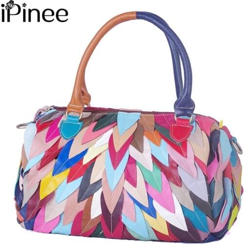 IPinee brand genuine leather handbag women shoulder bag female high quality colorful leaves tote bag fashion top-handle bag