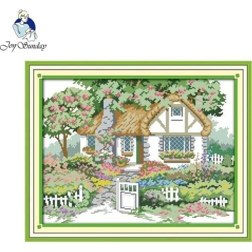 Joy Sunday scenic style Spring garden 14ct and 11ct fabric printable cross stitch patterns for oriental design painting