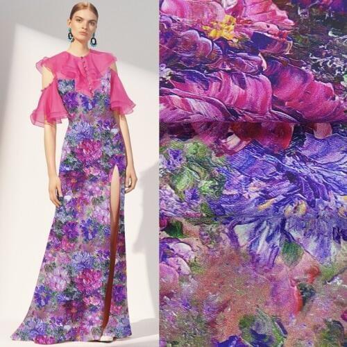 114CM 40MM Purple Blue Floral Print Stretch Heavy Silk Fabric for Summer Spring Dress Blouse Skirt Shirt Pants JH081