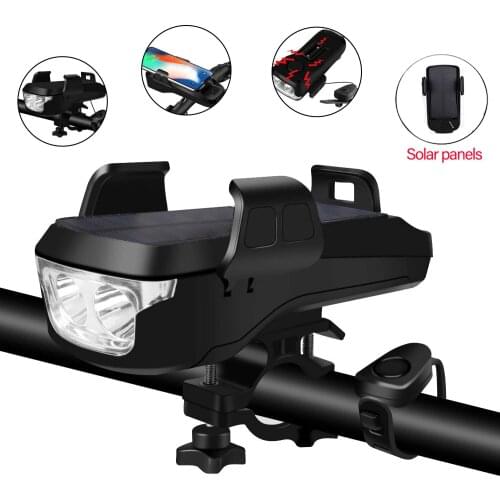 5-in-1 Bike Phone Holder Solar Charging-USB Rechargeable-Bicycle 550 Lumen LED Light Headlight 4000MAH Battery-130DB Horn Bell