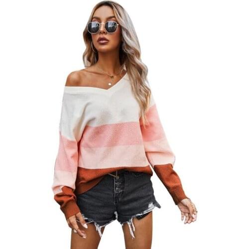 Knitted Women Sweaters Autumn Winter Long Sleeve Casual Striped Pullover Sexy V Neck Plus Size Knitwear 2020 Jumpers CL669