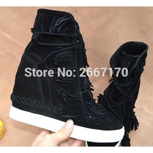 High Quality Flatform Shoes Casual Platform Botas Suede Fringe Ankle Boots Lace Up Height Increasing High Top Wedge Shoes Woman