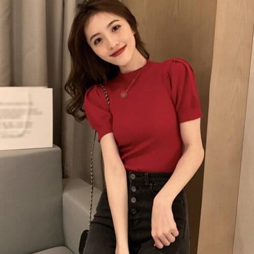 2020 Puff Sleeve Knitted T Shirt Womens Solid Color Half Turtleneck T-shirt Fashion Slim Wild Female Top Tee