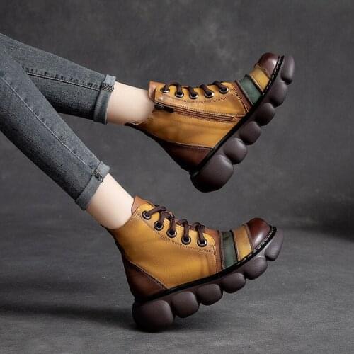 Women Ankle Boots Genuine Leather Women Shoes Autumn Retro Wedge heels Riding Boots For Women Handmade Rainbow Brand Shoes 2021