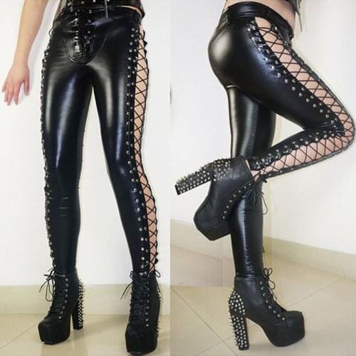 Women Gothic Faux Leather Elastic Leggings Hollow Out Lace Up PU Leggins Leggings Lady Fetish Sexy Black Punk Rock Skinny Pants