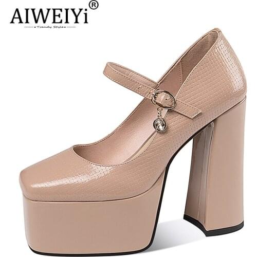 AIWEIYi 13CM Round Toe Catwalk Super High Heels Leather Women Platform Shoes Thick Heel Shoes Model Performance Shoes