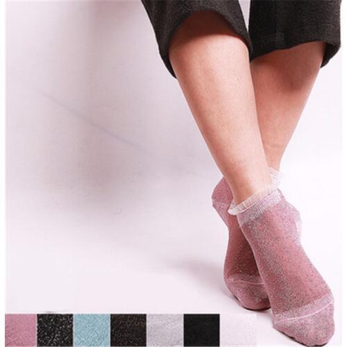 1 Pair Womens Socks Crystal Silk Lace Funny Socks Mesh Shiny Short Socks Transparent Breathable Elastic Female Sox Ankle Sock