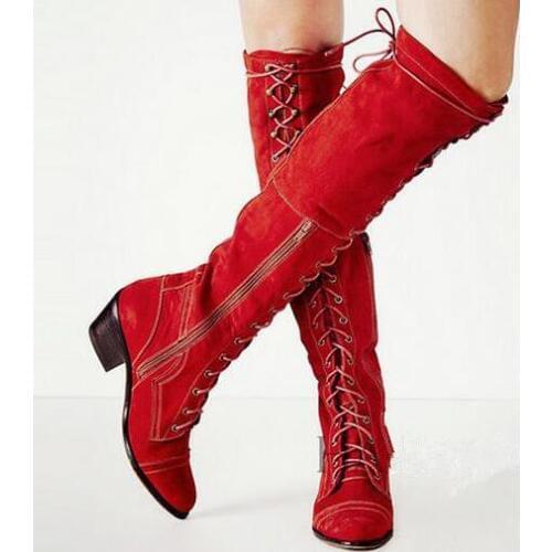 Chunky Heels Over The Knee Thigh High Boots Red Suede Leather Lace-up Round Toe Women Winter Boots Zipper Winter Long Boots