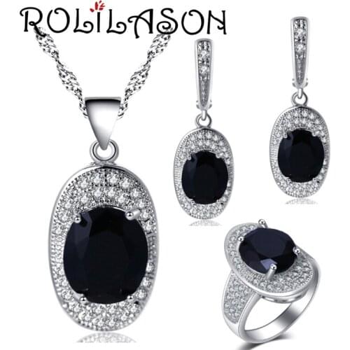 ROLILASON Silver ingots black For women Earrings Necklace pendant Rings Jewelry Sets USA size #6#7#8#9#10 JS719