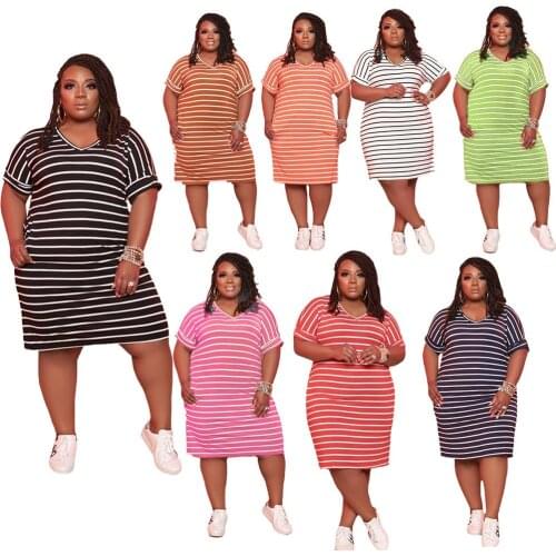 Plus Size Women Casual Stripe Printed Dresses Short Sleeve V Neck Midi Maxi Basic Dress Loose Plain Summer Loungewear Sleepwear