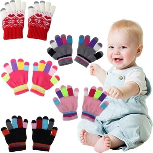 1 Pair Kids Gloves Full Finger Warm Winter Children Colorful Stripe Knitted Boys Girls Solid Glove Multi Color Elastic