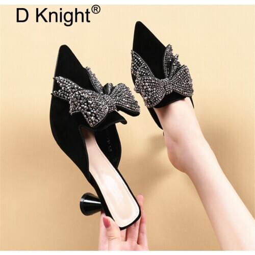 Brand Fashion 2020 Women Slip On Mules Loafer High Heel Slides Pointed Toe Crystal Bow Female Slippers Casual Shoes Sandal Pumps