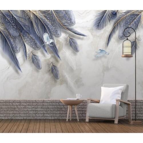 HD hand-painted blue feather 3d wallpaper marble pattern background wall painting home decoration custom size wallpaper murals