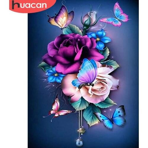 HUACAN Diamond Painting Full Drill Rose Flower Wall Decor Diamond Embroidery Mosaic Floral Butterfly Diamond Art