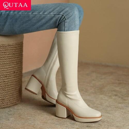 QUTAA 2021 Platform Square Toe Zipper Knee High Boots Autumn Winter Square High Heel Stretch PU Women Long Boots Big Size 34-43