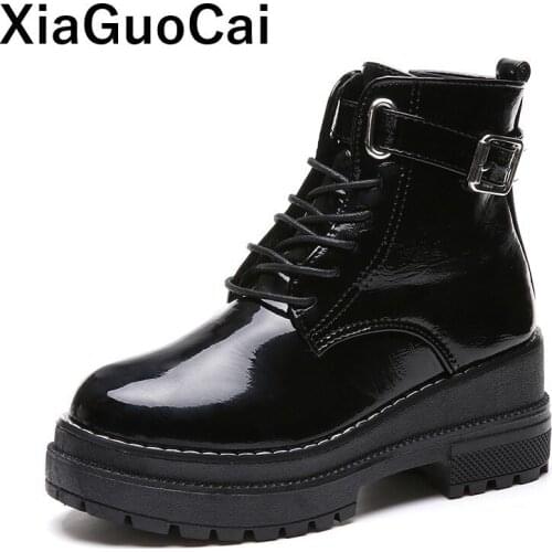 Spring Autumn Women Ankle Boots Flat Platform High Top Woman Shoes Patent PU Leather 2019 Female Martin Boots For Ladies British