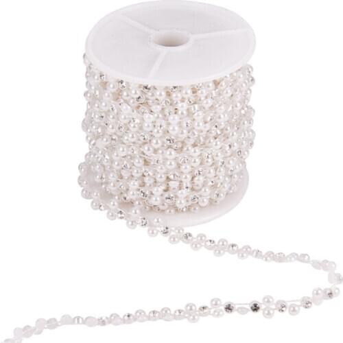 9x3mm Flower ABS Plastic Imitation Pearl Chains Garland Strands Handmade Chains with Spool Glass Rhinestones for Wedding F60