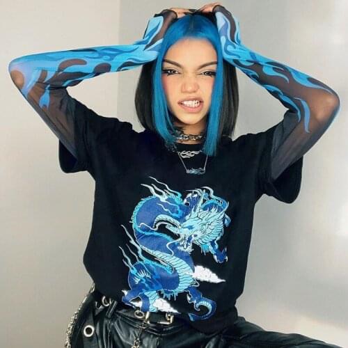 Streetwear Goth Punk Ulzzang Harajuku Vintage Chinese Dragon Print T-shirt Hip Hop Summer Loose Kpop Casual Women Mujer Y2K Tops