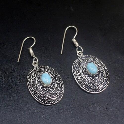 Hermosa Antique Charms Natural Blue Larimar Silver Color Jewelry Gifts Dangle Drop Earrings for Women Girls 1 7/8 Inch FQ205