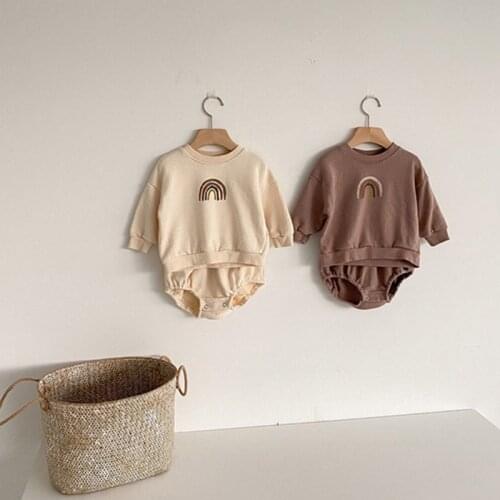 Korean Style Autumn Newborn Baby Clothing Sets Rainbow Embroidery Tops Shorts 2pcs Toddlers Kids Outfits Infants Casual Suits