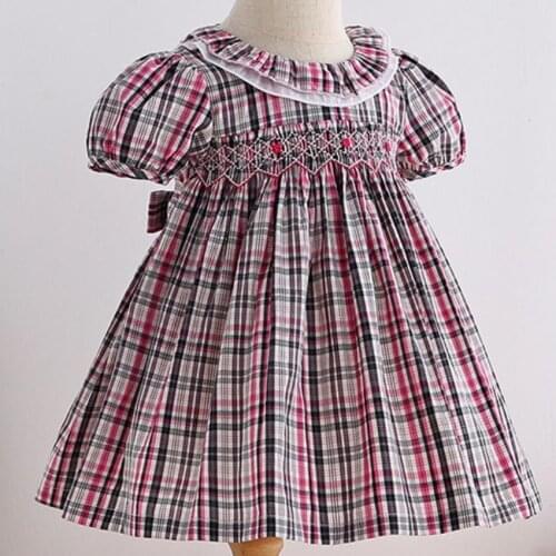 Baby girl summer vintage Spanish plaid smocking dress kids bow puff sleeve handmade embroidered birthday party princess dress