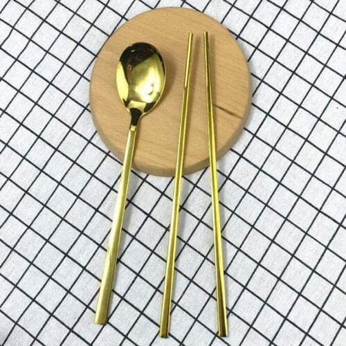 50sets Gold Dinnerware Set Korean Golden Travel Cutlery Set Stainless Steel Dinner Chopsticks Spoon