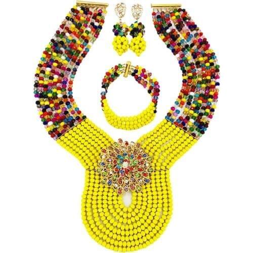 New Muticolors Opaque Yellow Crystal Costume Nigerian African Wedding Beads Jewelry Necklaces Set Bridal Beads Sets 8PD11