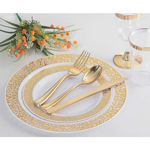25pcs Rose Golden Plastic Dishes Disposable Lace Design Wedding Party Plates Gold Tableware set Knife Fork Spoon Food-grade Dish