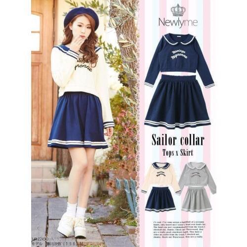 Japanese 2PIECES Set Lolita Sailor Collar Shirt Tops+Skirt Letter Printing Academy Suit Cute