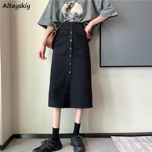 Skirts Women Black Denim Clothes Female Long A-line Retro Ulzzang Harajuku Summer Ladies Streetwear Students Mid-calf A-line Ins