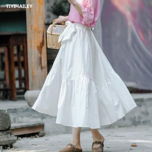 TIYIHAILEY Free Shipping Fashion Cotton Spring Summer Long Mid-calf A-line Skirts Elastic Waist Black White Bandage Skirts