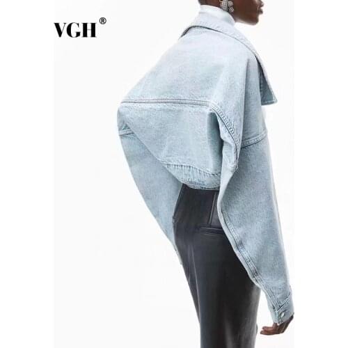 VGH Casual Blue Jacket For Females Lapel Long Sleeve Drop Shoulder Loose Minimalist Open Front Womens Coats Fashion 2021 New