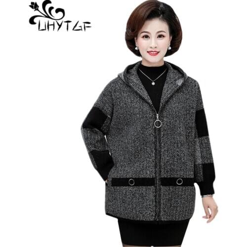 UHYTGF woman jacket quality double-sided cashmere autumn winter wool jacket elegant mother casual 7XL plus size coat female 1791