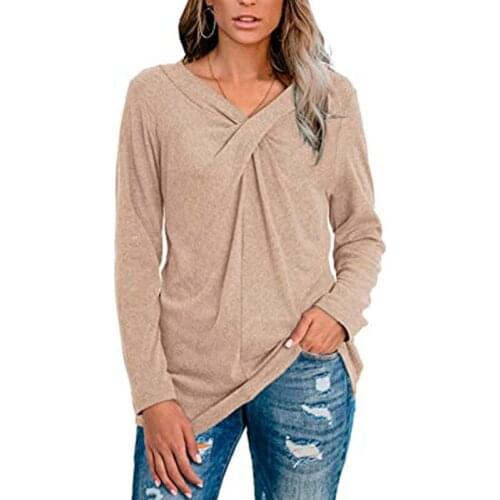 Women Clothing Autumn and Winter New Fashion Women V-neck Folds Long-sleeved Casual Loose T-shirt