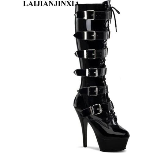 Women Knee-High Boots lady Black sexy Buckle Strap high-heeled boots Super High Heel Shoes/Dancing Boots/Fashion Boots