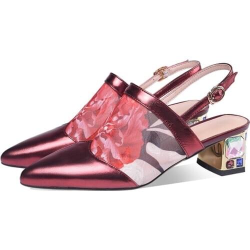 OLOMLB Womens Mesh Sandals Flower Floral Printed Rhinestones Diamond Clear Heel Shoes Bling Shiny Real Leather Crystal Slingback