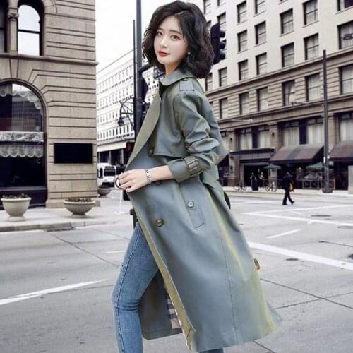 2021 Autumn Woman Elegant Double Breasted Female Long Trench Coats Long Sleeve Loose Windbreaker Ladies Overcoat Femmino Q36