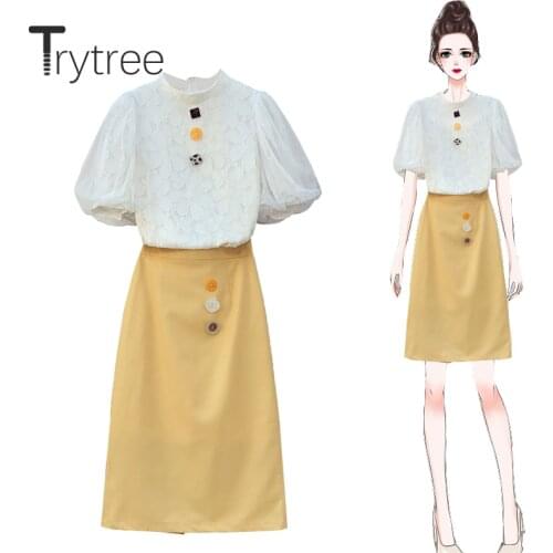 Trytree 2020 Spring Summer Women Two Piece Set Casual Stand Collar Puff Sleeve Tops + Skirt Solid Button Fashion Set 2 Piece Set