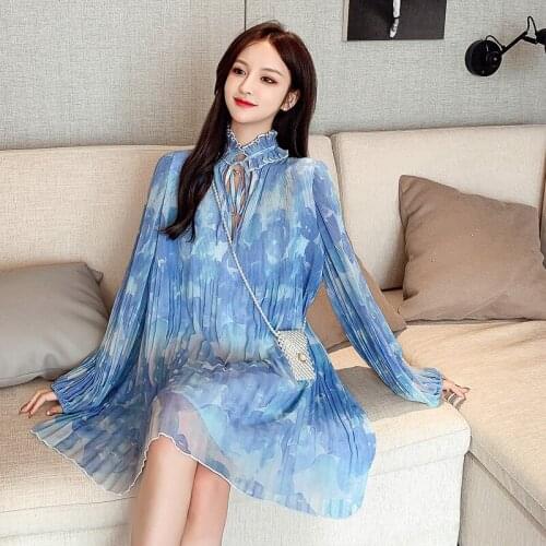 High Quality Casual Pleated Print Dresses Female Long Sleeve Hit Color Mini Summer Dress Women New 2021vintage elegant Vestidos