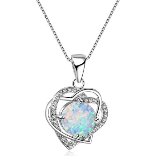 Fashion Women Necklace Double Heart White Fire Opal Pendant Wedding Accessories Birthday Gift For Girl Jewelry