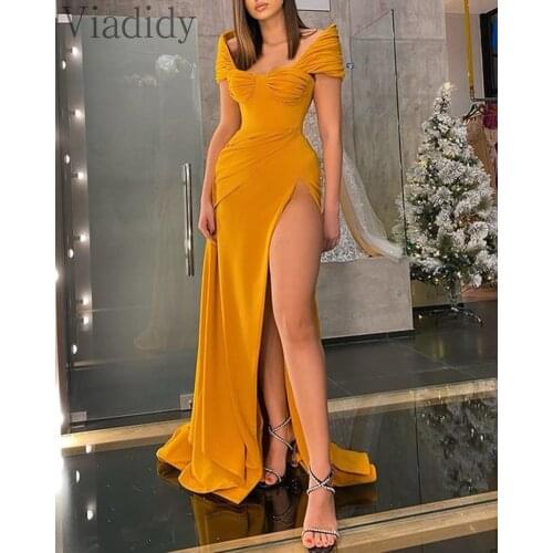 Women Off Shoulder Solid Color Ruched Slim High Slit Short Sleeve Maxi Dress Backless Party Dress