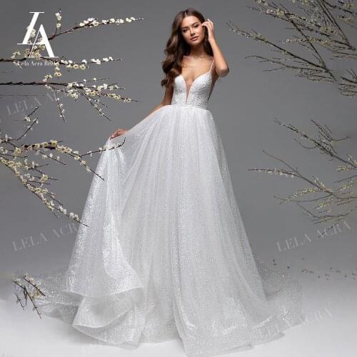 Beach Beaded Wedding Dress Light Crystal Straps Backless A-Line Train Illusion Princess LelaAcra R009 Bridal Vestido De Noiva