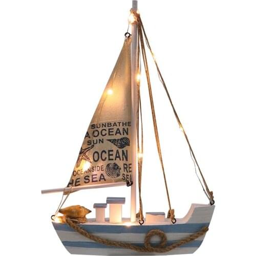 1 PC Wooden Mediterranean Style Sailboat Ornament Sailboat with LED Sailboat Tabletop Sailboat Model for Decoration