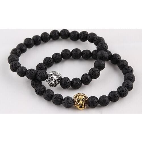 1pc Couples Distance Lion Head Bracelet Classic Natural Turquoises Lava Stone Tiger Eye Beaded Bracelets for Men Best Friend