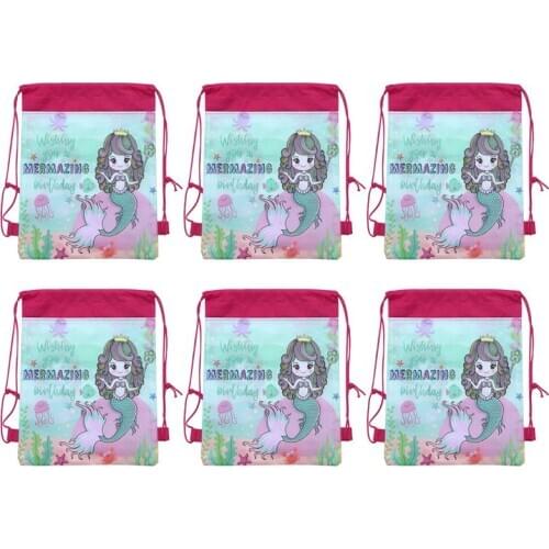 6pcs Drawstring Bag Children Casual Mermaid Pattern Backpack Storage Bag Shopping Bags Organizer for Travel Home Outdoor