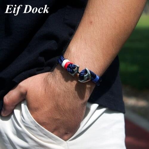 Eif Dock Fashion Navy Blue Anchor Bracelets Men Stainless Steel Charm Rope Chain Bracelet Male Women Wrap Metal Sport Hook