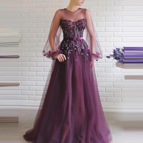 Sukienki wieczorowe 2020 Purple Formal Long Gowns Handmade Flowers Beadings O-Neck A-line Evening Long Sleeves Dresses